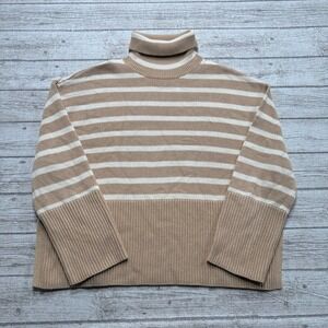 Gap Sweater Women's Medium Brown White Striped Boxy Fit Knit Turtleneck Pullover